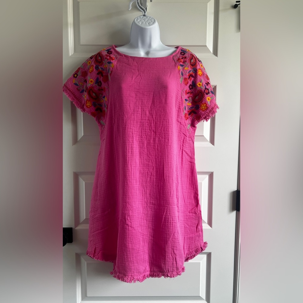 UMGEE Bright Pink Fuchsia Boho Embroidered Gauze Tunic NWT
